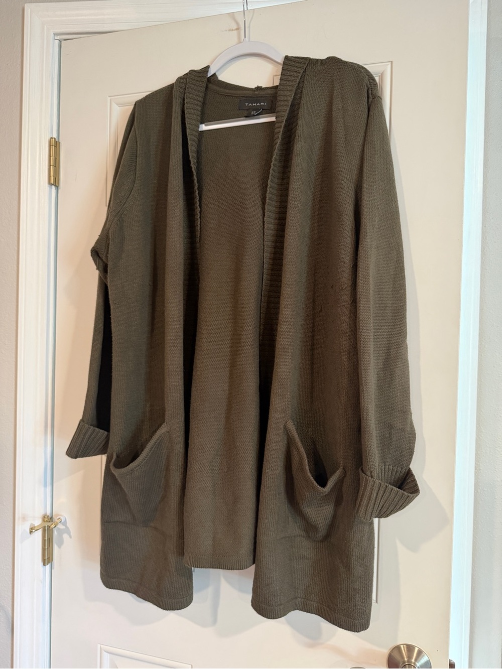 Tahari Olive Green Open-Front Cardigan with Pockets